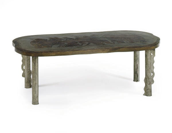 AN ENAMELED AND PATINATED BRONZE LOW TABLE,