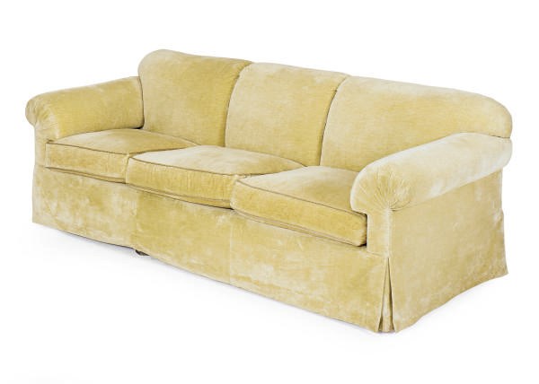 A TAUPE VELVET UPHOLSTERED THREE-SEAT SOFA,