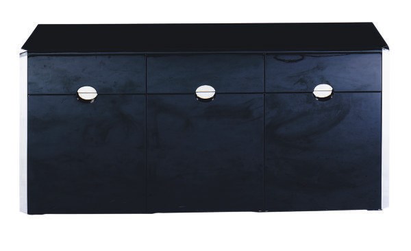 AN ITALIAN CHROMED-METAL MOUNTED BLACK-LACQUERED CREDENZA,