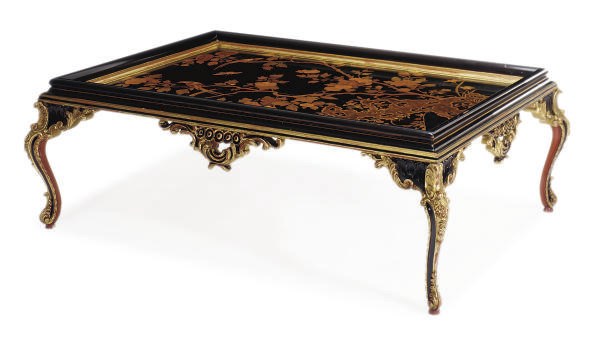 A MACASSAR EBONY, FLORAL MARQUETRY, PAINTED AND PARCEL-GILT COFFEE TABLE,