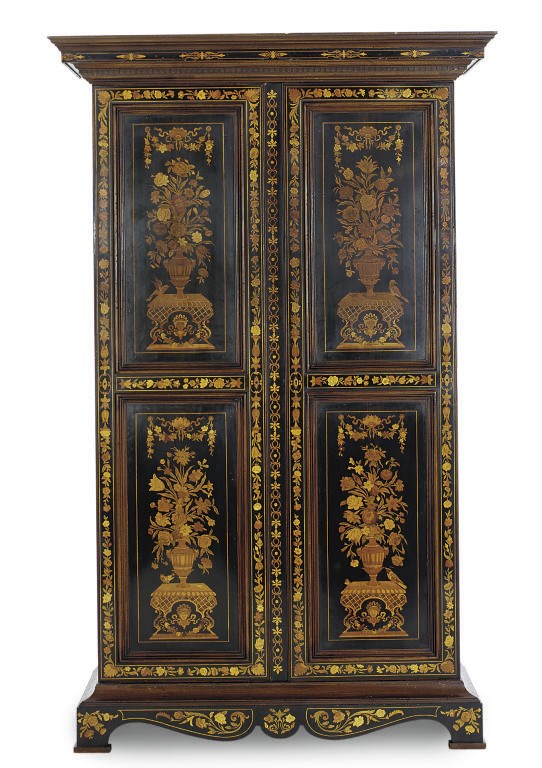 A CONTINENTAL ROSEWOOD, FRUITWOOD AND MARQUETRY CABINET**,