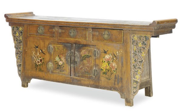 A CHINESE POLYCHROME PAINT-DECORATED THREE-DRAWER ALTAR COFFER,