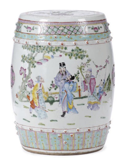 A CHINESE POLYCHROME-DECORATED CERAMIC GARDEN STOOL,