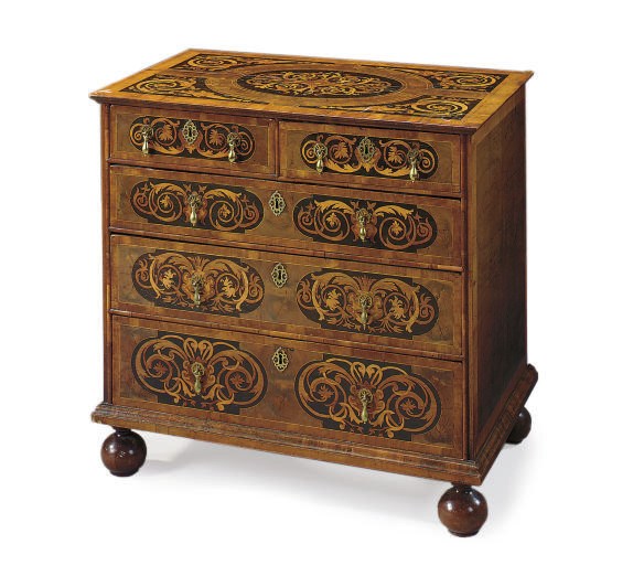 A WILLIAM AND MARY WALNUT, EBONY AND FRUITWOOD MARQUETRY CHEST-OF- DRAWERS,