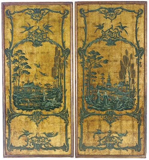 A PAIR OF GILT AND OIL PAINT MOUNTED CANVASES,