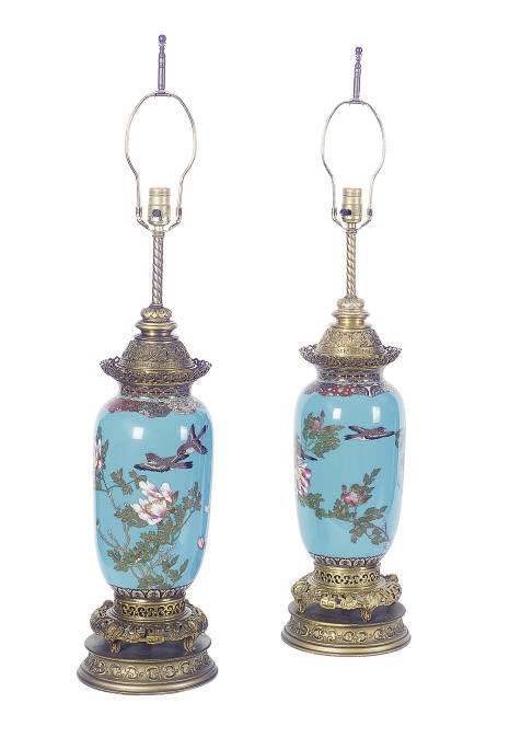 A PAIR OF CHINESE BLUE GROUND PORCELAIN VASES MOUNTED AS LAMPS,