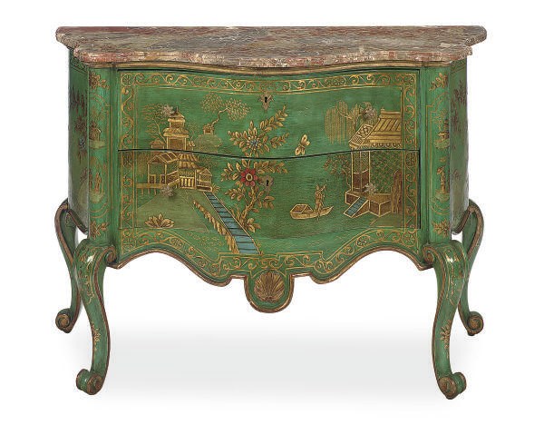 A GREEN-PAINTED AND PARCEL-GILT SERPENTINE MARBLE TOP COMMODE,