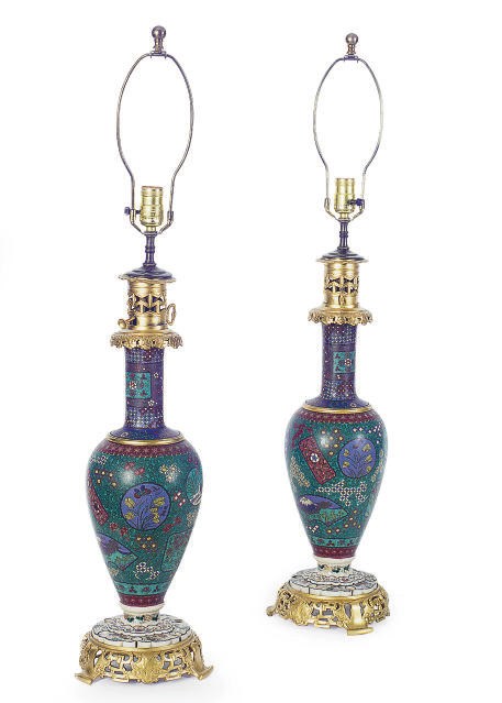 A PAIR OF CLOISONNE OIL LAMPS,