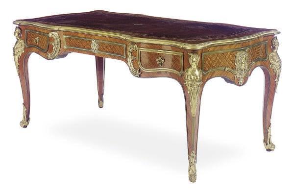 A FRENCH GILT-METAL MOUNTED TULIPWOOD, KINGWOOD AND PARQUETRY BUREAU PLAT,