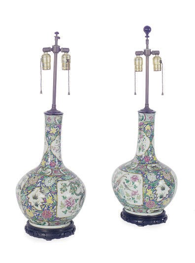 A PAIR OF CHINESE EXPORT FAMILLE ROSE VASES MOUNTED AS LAMPS,