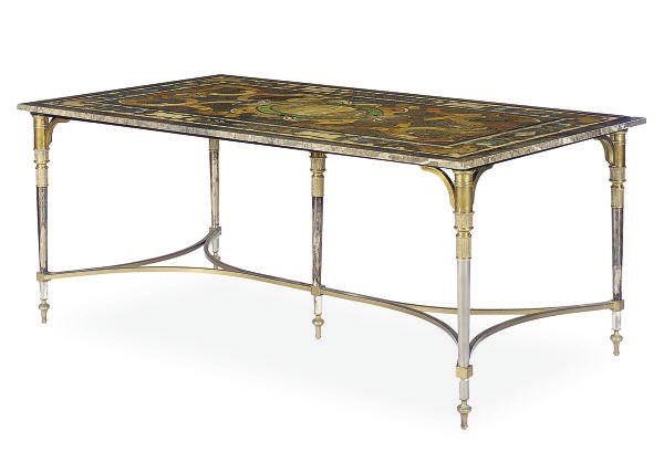 A POLISHED STEEL, BRASS, AND FAUX SCAGLIOLA MARBLE TOP TABLE,