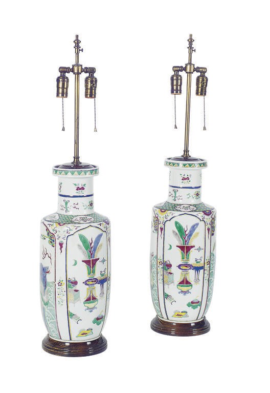 A PAIR OF CHINESE EXPORT PORCELAIN VASES MOUNTED AS LAMPS,