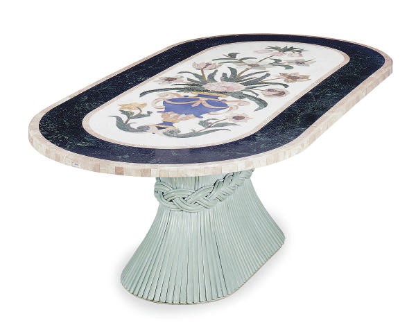 AN ITALIAN INLAID MARBLE TOP DINING TABLE TOGETHER WITH SIX CHAIRS,