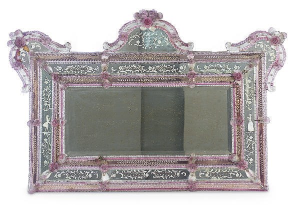 A VENETIAN COLORED AND ETCHED GLASS MIRROR,