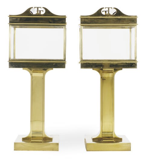 A PAIR OF BRASS, STEEL AND GLASS DISPLAY CASES,