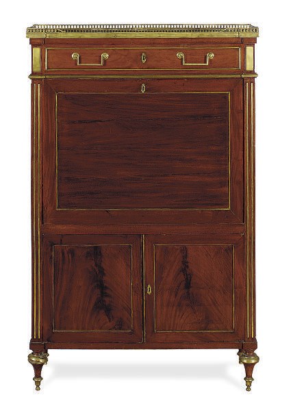 A LOUIS XVI BRASS-MOUNTED MAHOGANY AND MARBLE-TOP SECRETAIRE A ABBATANT,