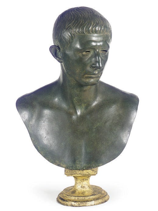 A VERDIGRIS BRONZE BUST OF A ROMAN SCHOLAR,