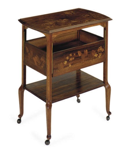 A FRENCH MAHOGANY AND MARQUETRY BAR CART,