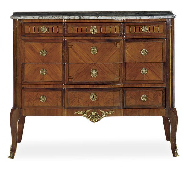 A FRENCH GILT-BRONZE MOUNTED KINGWOOD AND PARQUETRY COMMODE,