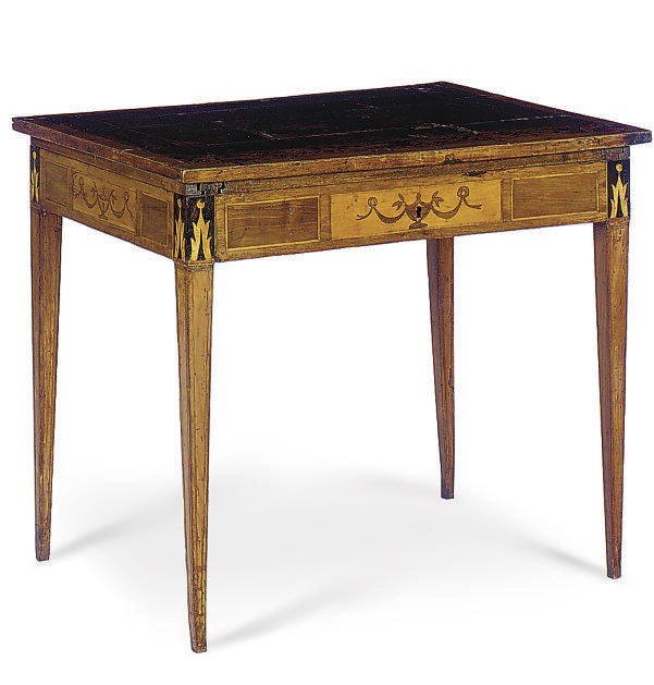 A NORTH ITALIAN WALNUT, EBONIZED AND MARQUETRY WRITING AND GAMES TABLE,