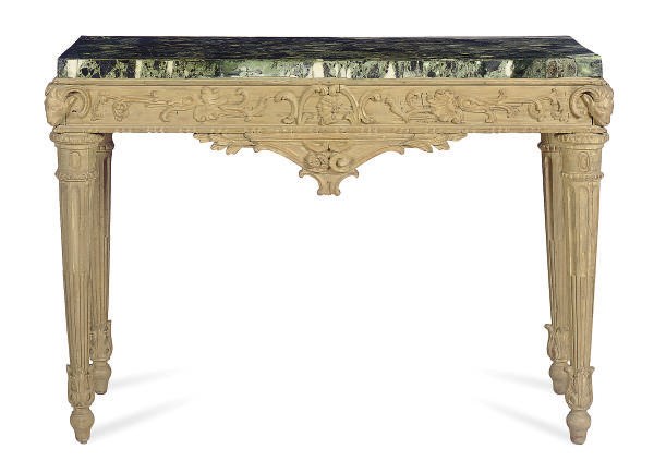 AN ITALIAN STRIPPED PINE AND VERDE ANTICO MARBLE TOP CONSOLE TABLE,