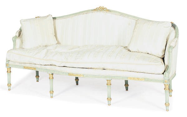 A GREEN-PAINTED AND PARCEL-GILT SETTEE,