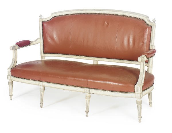 A CREAM AND GREY-PAINTED AND UPHOLSTERED SETTEE,