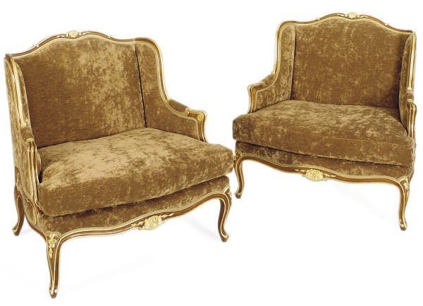 A PAIR OF FRENCH STAINED BEECH AND PARCEL-GILT WINGBACK MARQUISES,