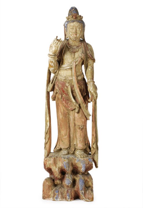 A PAINTED WOOD FIGURE OF GYUANYIN,