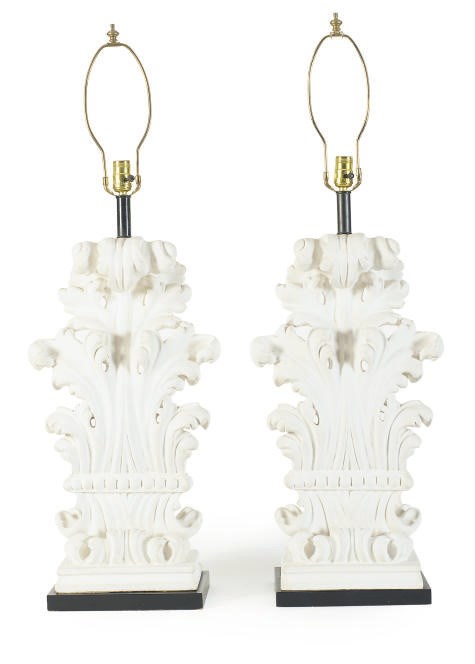 A PAIR OF WHITE PLASTER LEAF-FORM TABLE LAMPS,