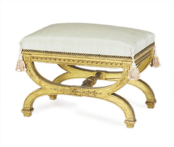 A GILTWOOD AND UPHOLSTERED CURULE-FORM STOOL,