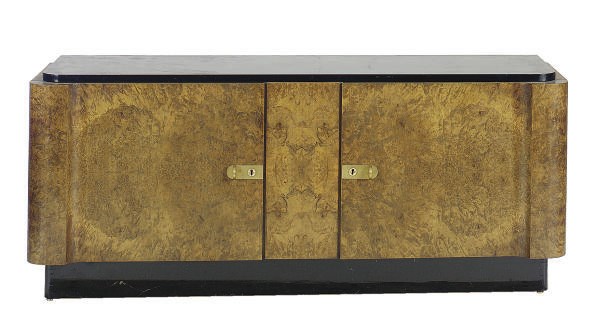 AN BURL WALNUT AND PART-EBONISED SIDE CABINET,