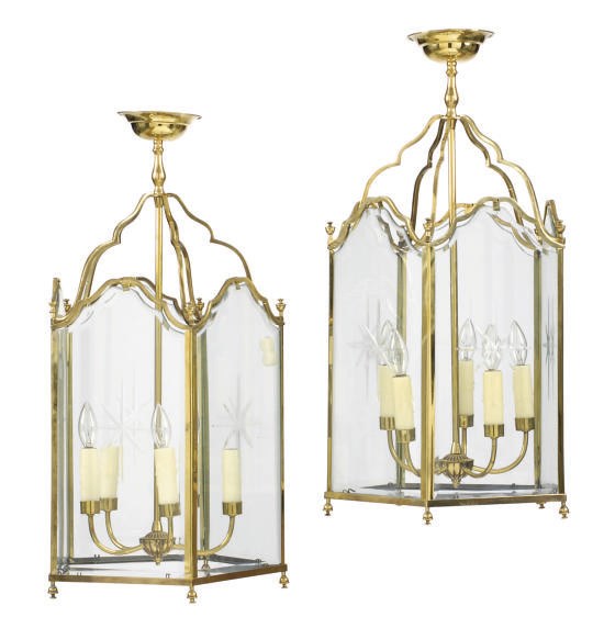 A PAIR OF GILT-METAL AND CUT-GLASS HANGING LANTERNS,