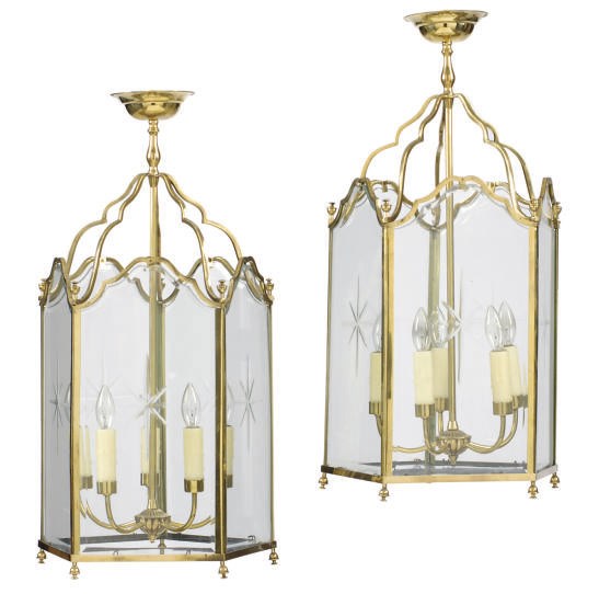 A PAIR OF GILT-METAL AND CUT-GLASS HANGING LANTERNS,