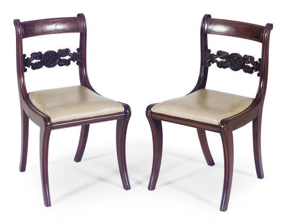 A SET OF SIX REGENCY MAHOGANY DINING CHAIRS,