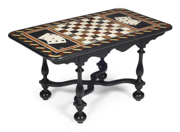 A SPECIMEN MARBLE AND EBONIZED LOW GAMES TABLE,
