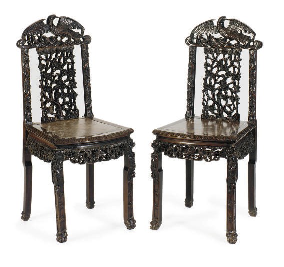 A CHINESE PAIR OF MARBLE-INSET HARDWOOD SIDE CHAIRS,