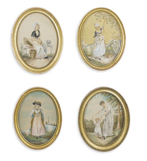 A GROUP OF FOUR REGENCY SILK NEEDLEWORK PICTURES,