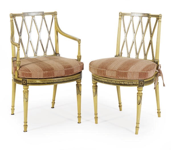 A SET OF EIGHT REGENCY YELLOW AND POLYCHROME-PAINTED DINING CHAIRS,