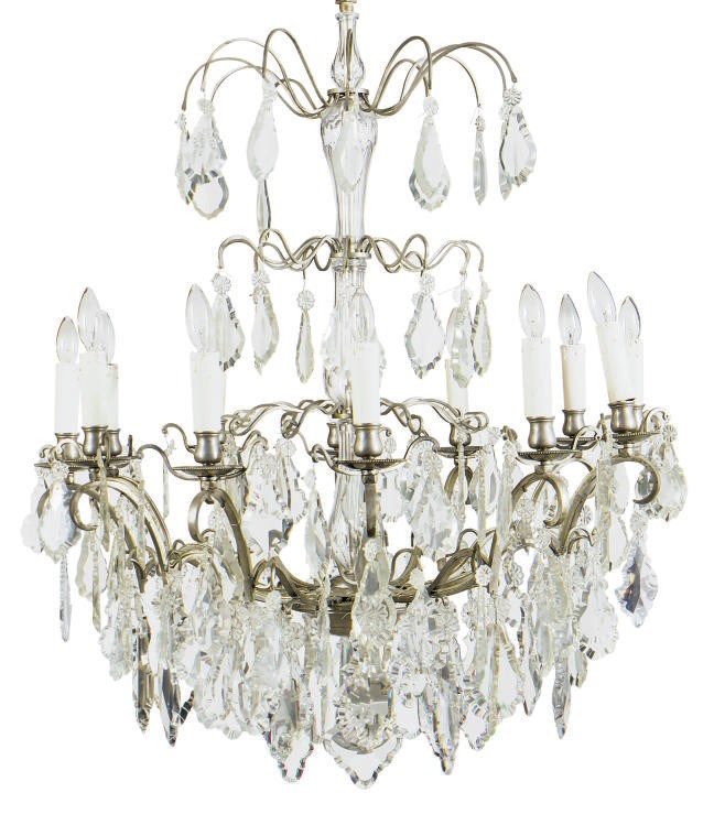 A SILVERED-METAL AND CUT-GLASS TWELVE-LIGHT CHANDELIER,