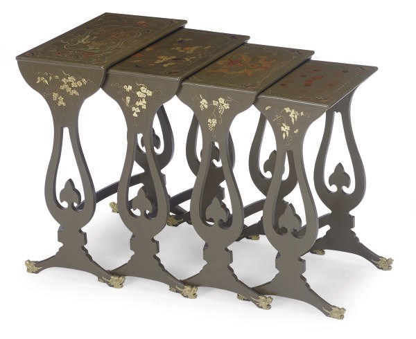 A SET OF ENGLISH GREEN AND POLYCHROME-PAINTED AND PARCEL-GILT QUARTETTO TABLES,