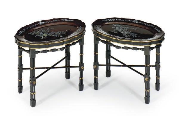 A PAIR OF MOTHER-OF-PEARL INLAID BROWN LACQUER TRAY-TOP SIDE TABLES,
