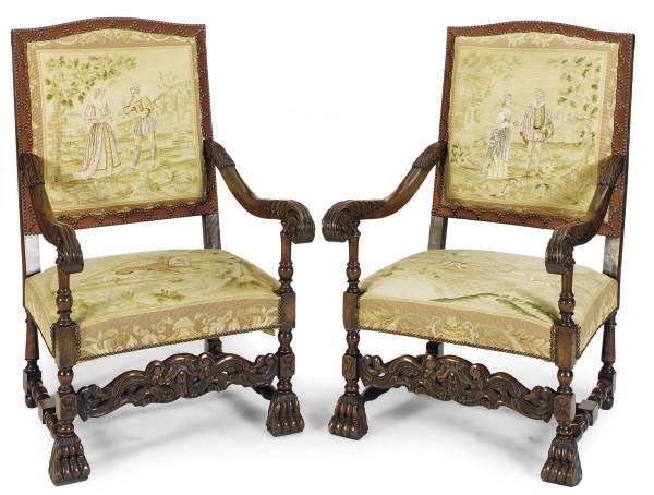 A PAIR OF ITALIAN RENAISSANCE REVIVAL WALNUT AND NEEDLEWORK UPHOLSTERED ARMCHAIRS,