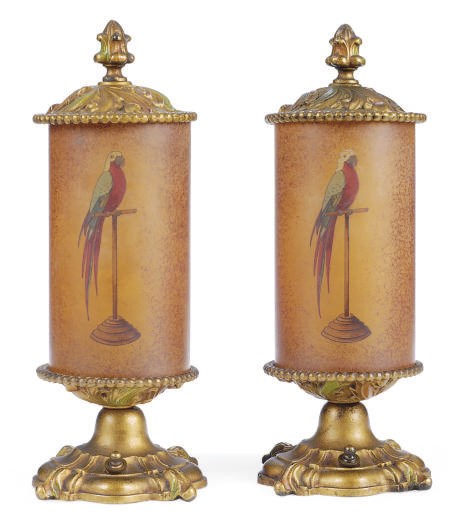 A PAIR OF ENAMELED AND GILT-METAL AND PAINTED GLASS TABLE LAMPS,