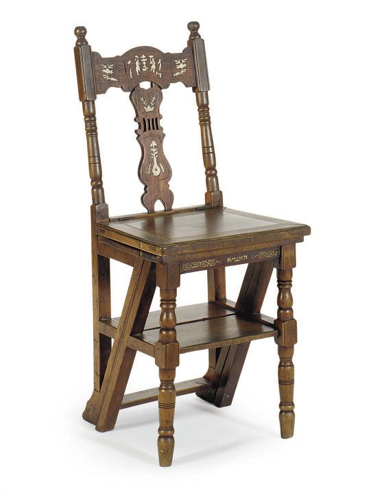 A HARDWOOD AND BONE-INLAID METAMORPHIC SIDE CHAIR,