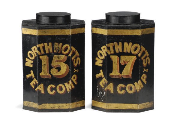 A PAIR OF VICTORIAN BLACK AND GILT-DECORATED TOLE PEINTE TEA CANISTERS,