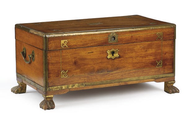 A VICTORIAN  MAHOGANY, BRASS AND PARCEL-GILT COFFER,