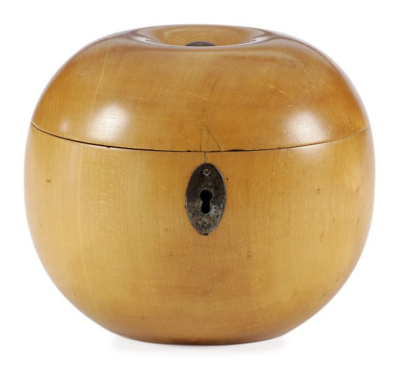 A GEORGE III FRUITWOOD APPLE-FORM TEA CADDY,