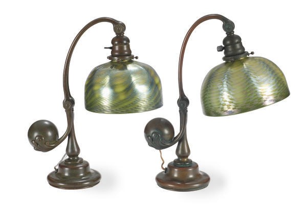 TWO PATINATED BRONZE AND 'FAVRILE' GLASS TABLE LAMPS,