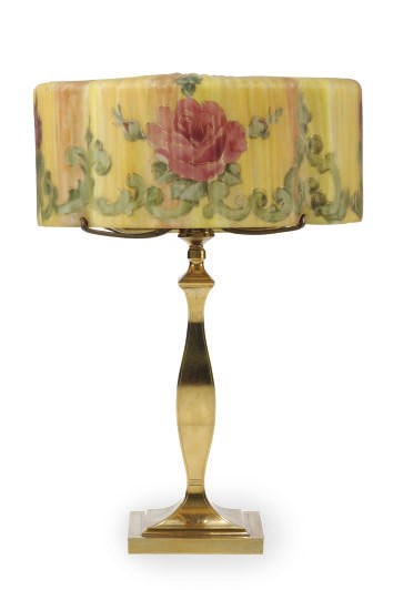 A GILT-METAL AND REVERSE PAINTED TABLE LAMP,